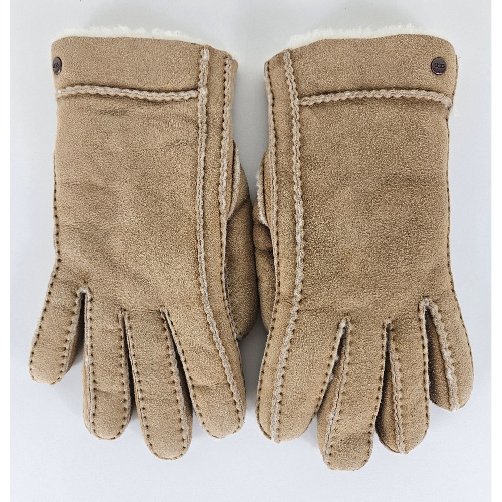 UGG Australia Womens‎ Chestnut Suede Shearling Lined Gloves Tan Sheepskin Fur L